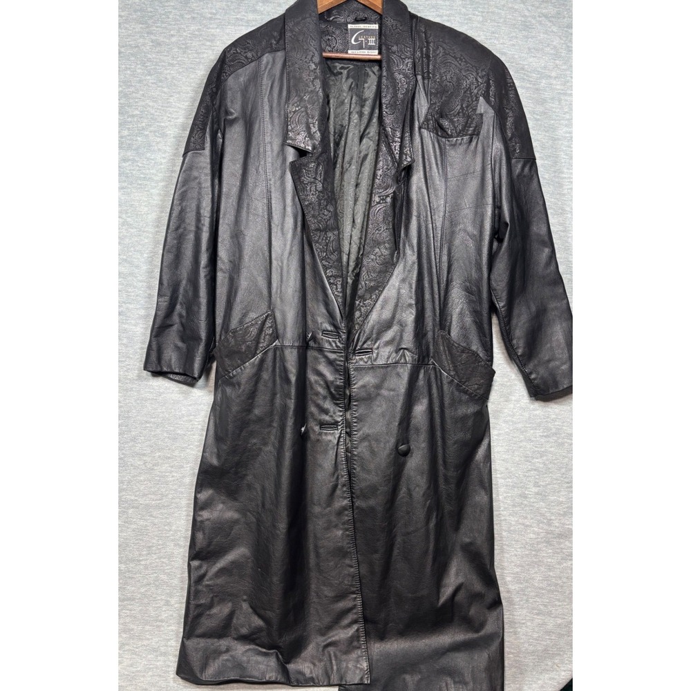 Global Identity G-III Womens Black Leather Paisley Embossed Trench Coat Duster L